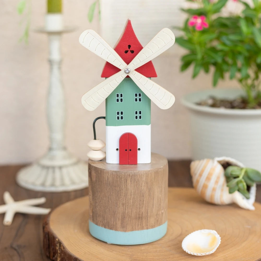 Wooden Windmill Figurine Decor – Rotating Rustic Desktop Ornament Gift