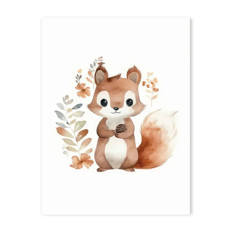Cartoon Cloud Animal Canvas Wall Art – Cute Raccoon, Fox & Deer Nursery Poster