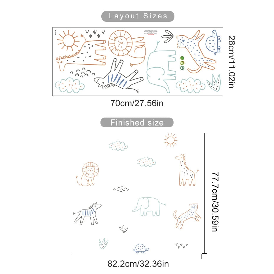 Cartoon Line Animals Wall Decal – Watercolor Kids Room Decor
