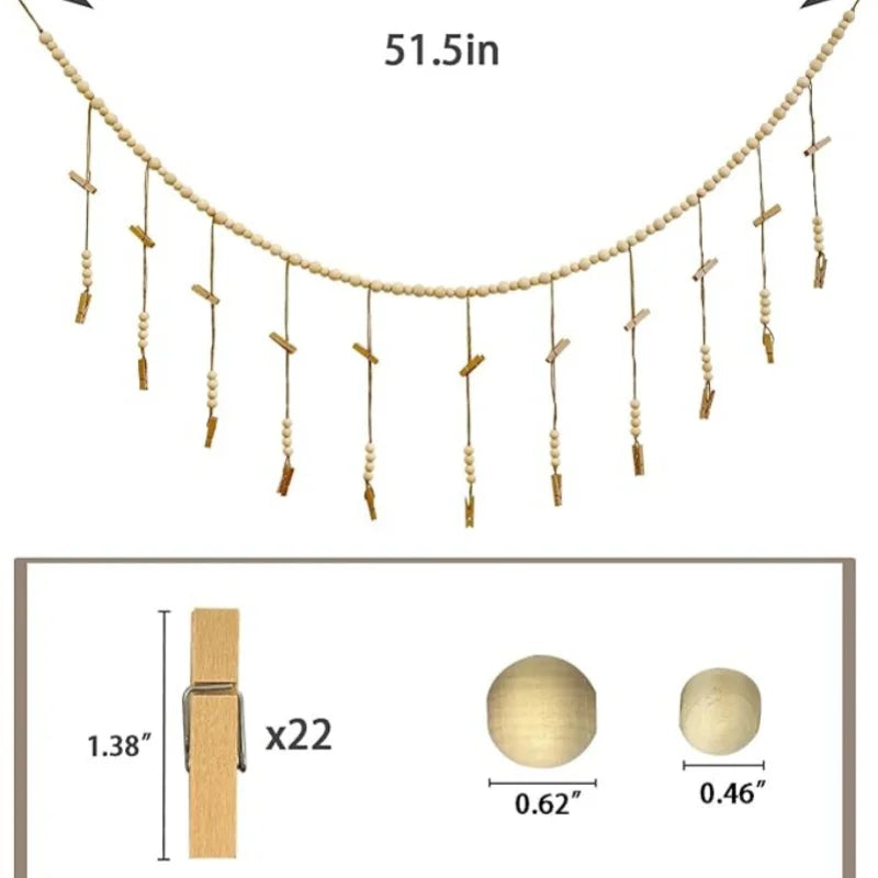 Boho Hanging Photo Display Garland – Wooden Bead Wall Décor with Clips