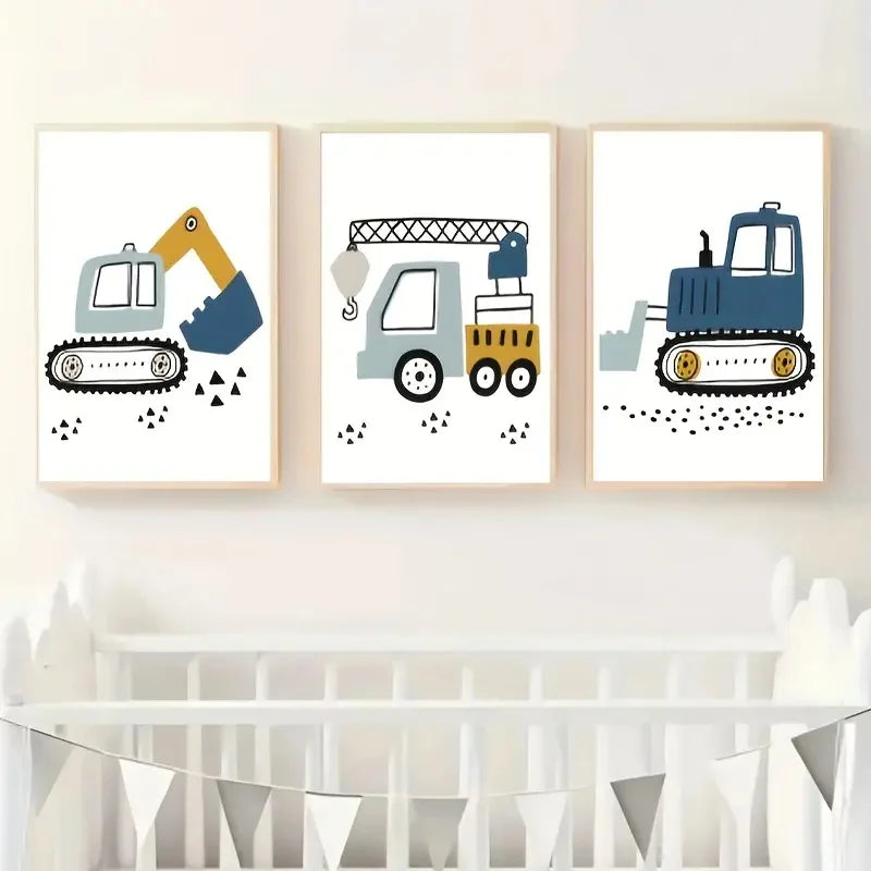 3-Piece Construction Vehicle Wall Art Set – Crane, Excavator & Tractor Canvas Prints