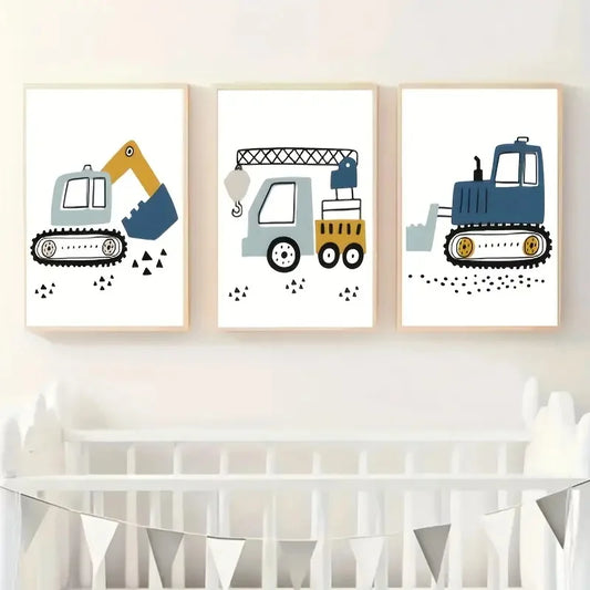 3-Piece Construction Vehicle Wall Art Set – Crane, Excavator & Tractor Canvas Prints