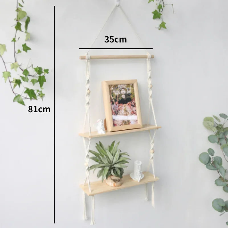 Macrame Wooden Wall Shelf – Decorative Floating Shelf & Plant Holder