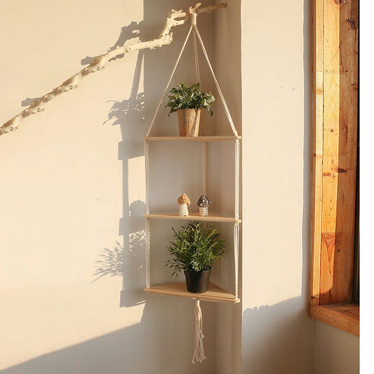 Macrame Corner Wall Shelf – Wooden Floating Shelf for Plants & Decor