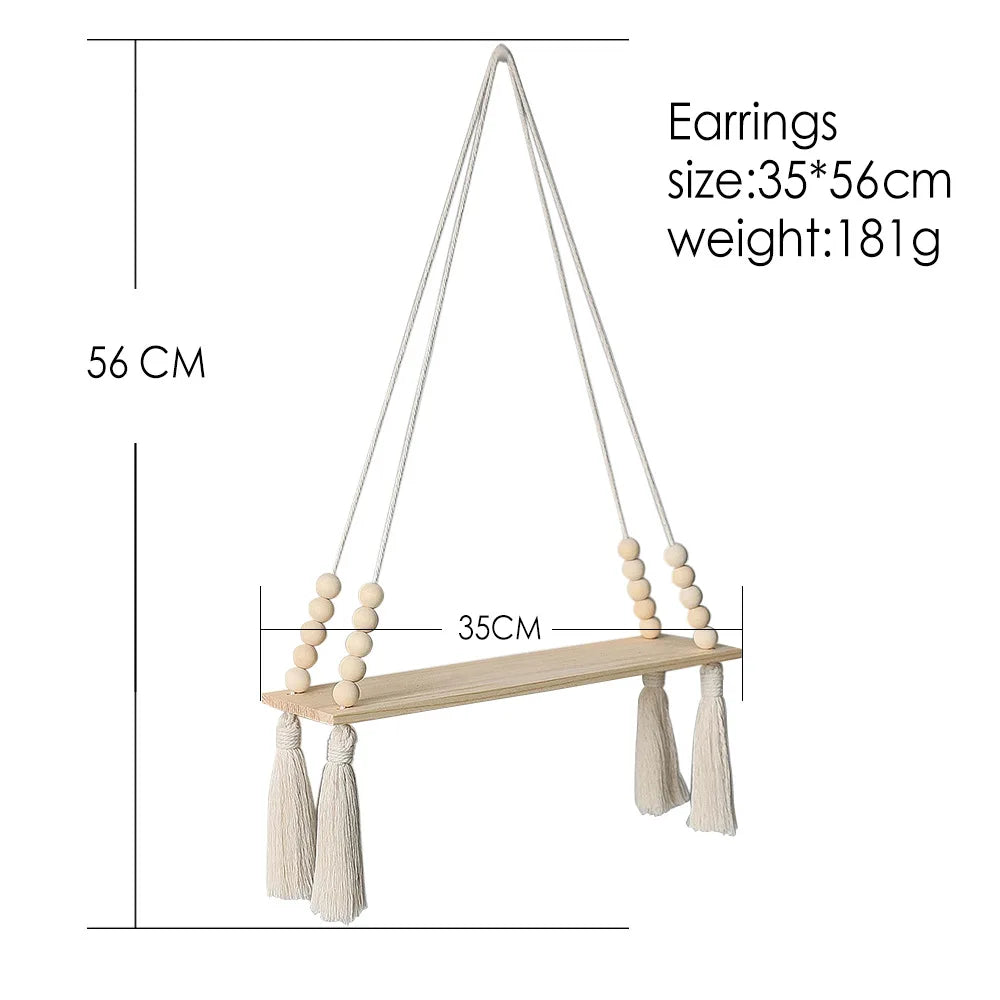 Hanging Wooden Wall Shelf with Beaded Design – Boho Rope Floating Display Shelf
