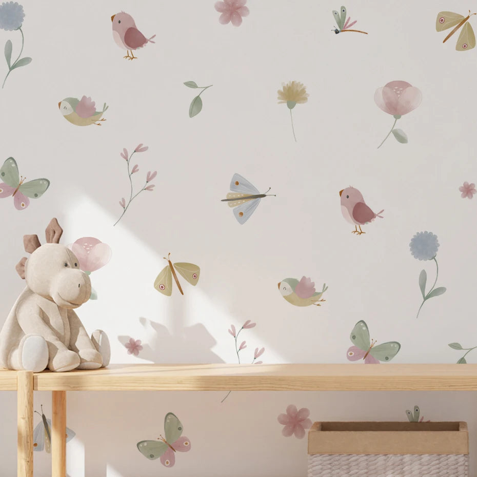 Boho Pink Butterfly & Birds Wall Decal – Kids Room Decor