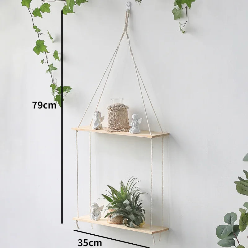 Macrame Wooden Wall Shelf – Decorative Floating Shelf & Plant Holder