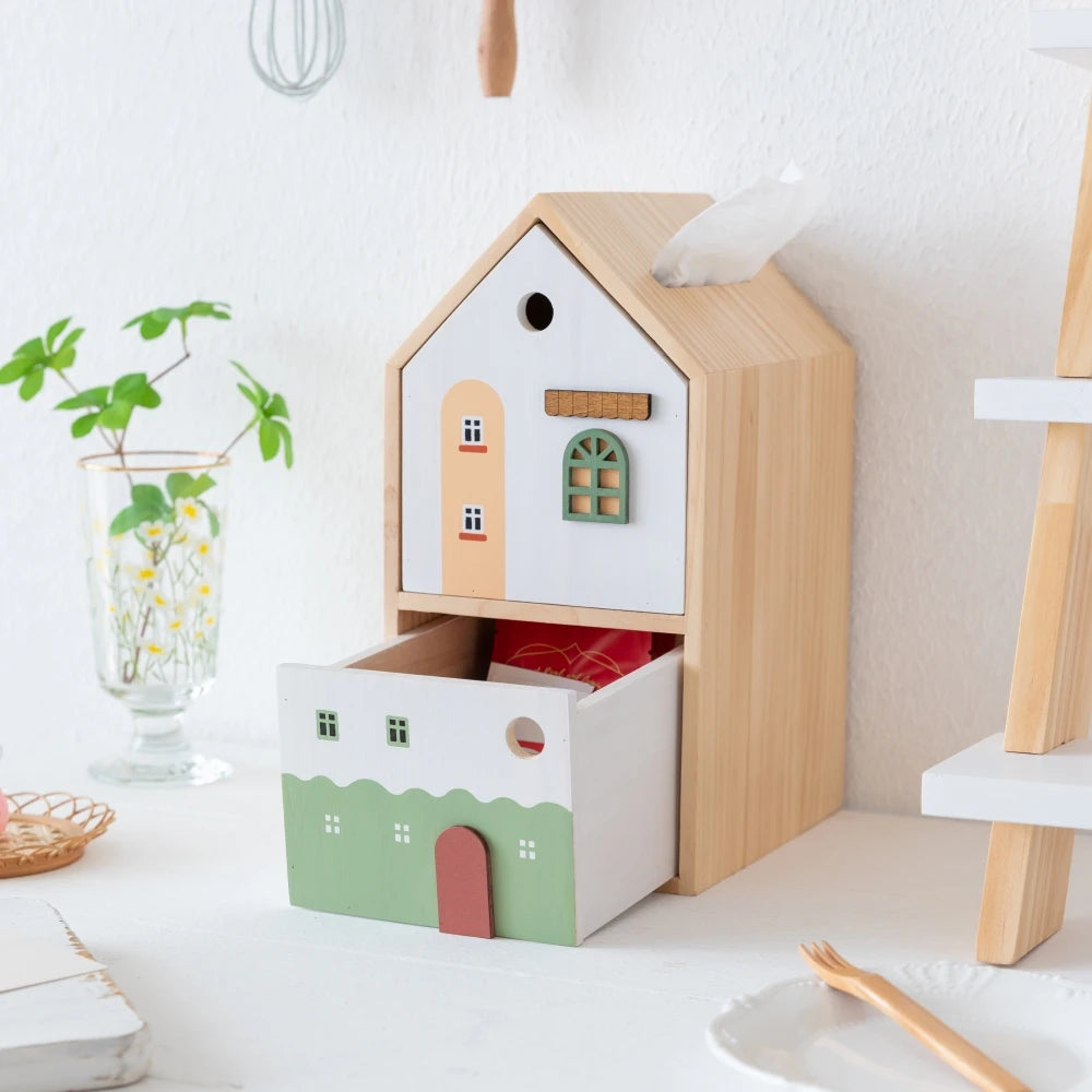 Wooden House Tissue Box & Storage Organizer – Double Layer Desk & Living Room Décor