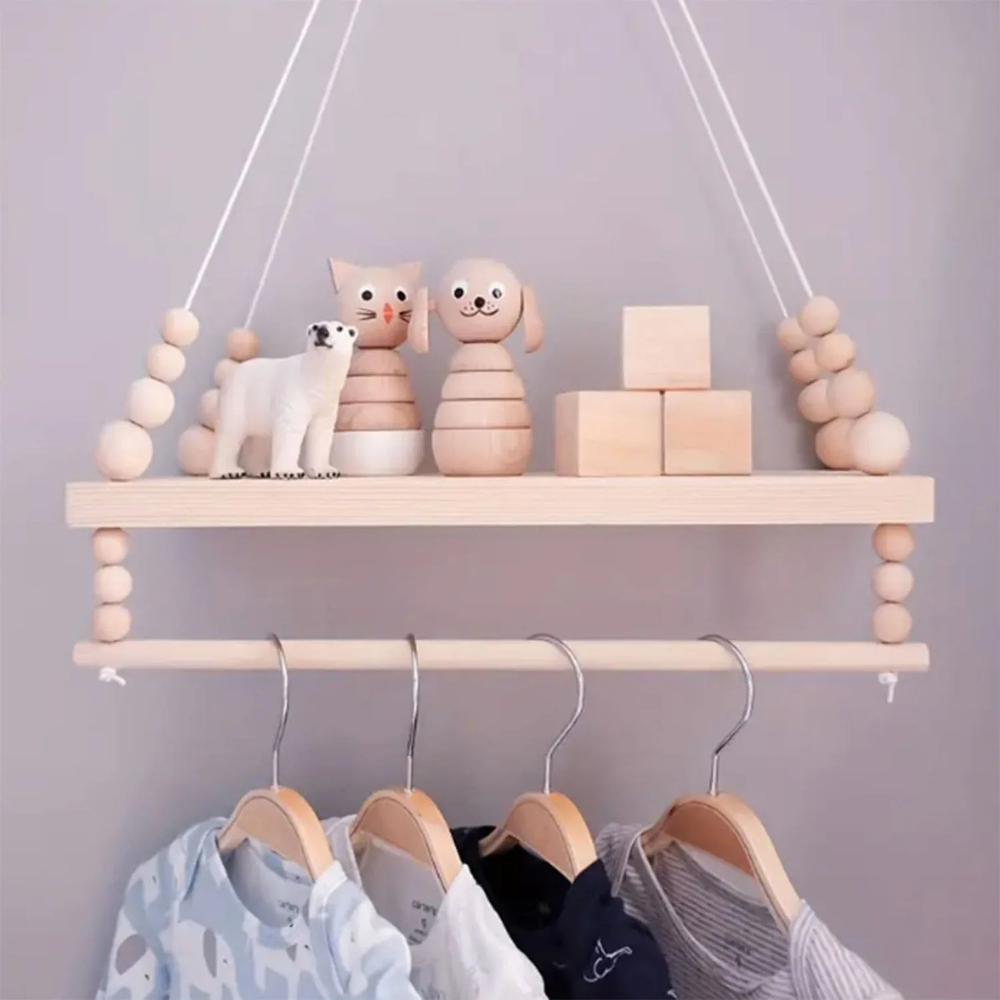 Hanging Wooden Wall Shelf with Beaded Design – Boho Rope Floating Display Shelf