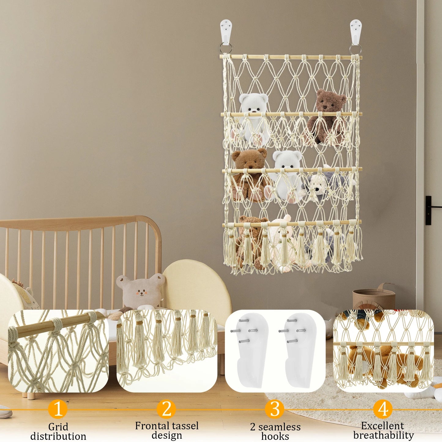Handwoven Cotton Rope Toy Hammock – Wall Hanging Plush Organizer