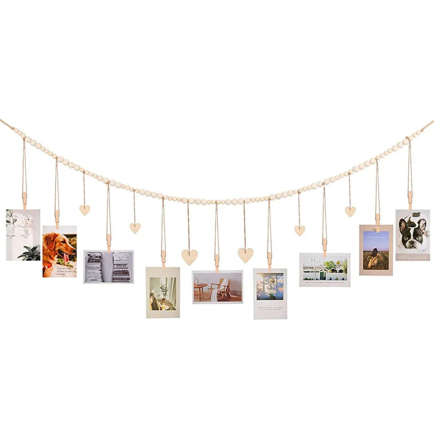 Boho Hanging Photo Display Garland – Wooden Bead Wall Décor with Clips