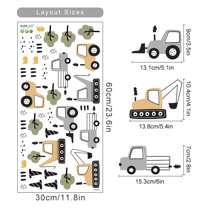 Watercolor Construction Vehicle Wall Decals for Boys Room