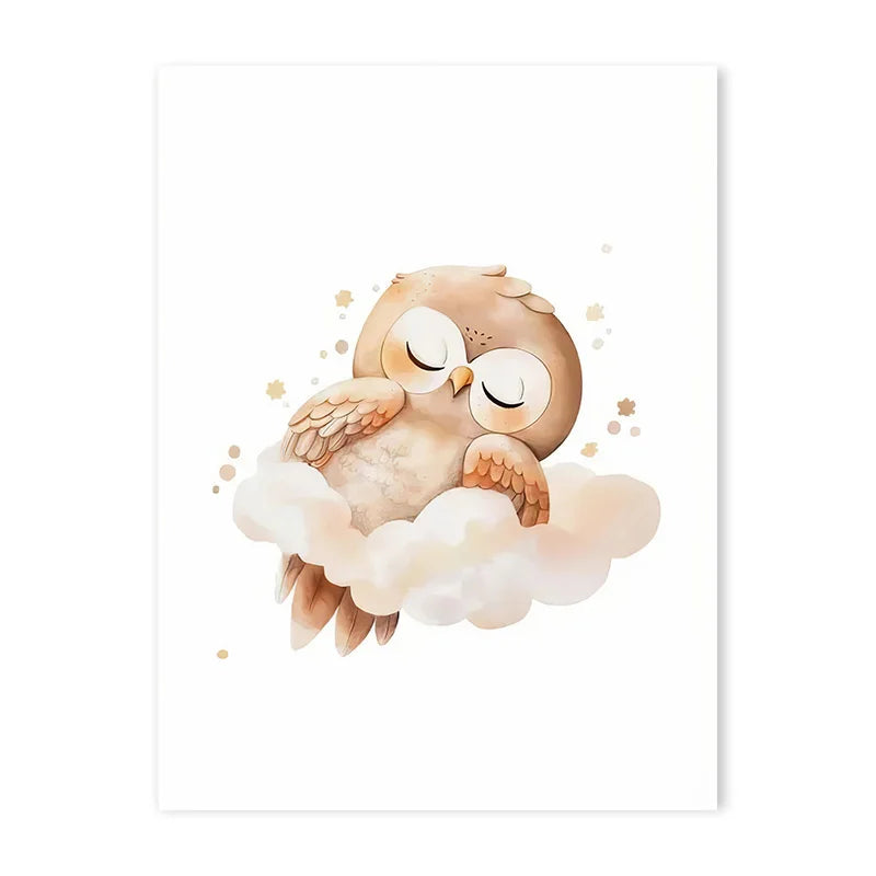 Cartoon Cloud Animal Canvas Wall Art – Cute Raccoon, Fox & Deer Nursery Poster