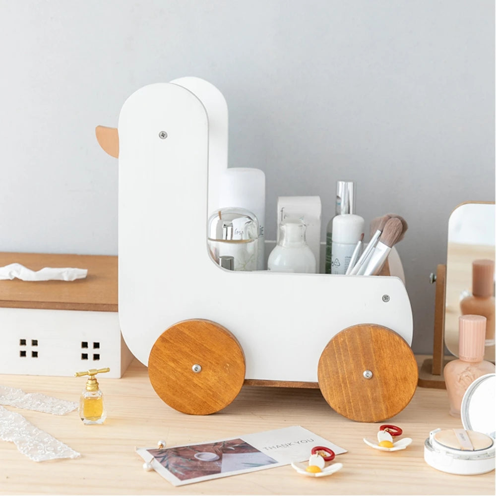 Wooden Animal Storage Cart – Cute Duck & Chick Organizer for Kids Room Decor