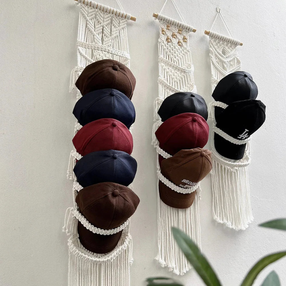 Boho Cotton Rope Hat Organizer – Wall Hanging Cap Storage Rack (Up to 32 Hats)