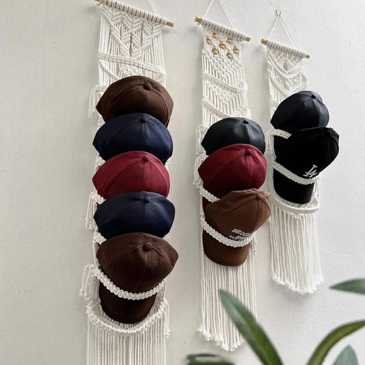 Boho Cotton Rope Hat Organizer – Wall Hanging Cap Storage Rack (Up to 32 Hats)