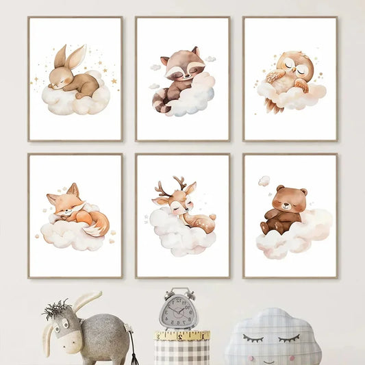 Cartoon Cloud Animal Canvas Wall Art – Cute Raccoon, Fox & Deer Nursery Poster
