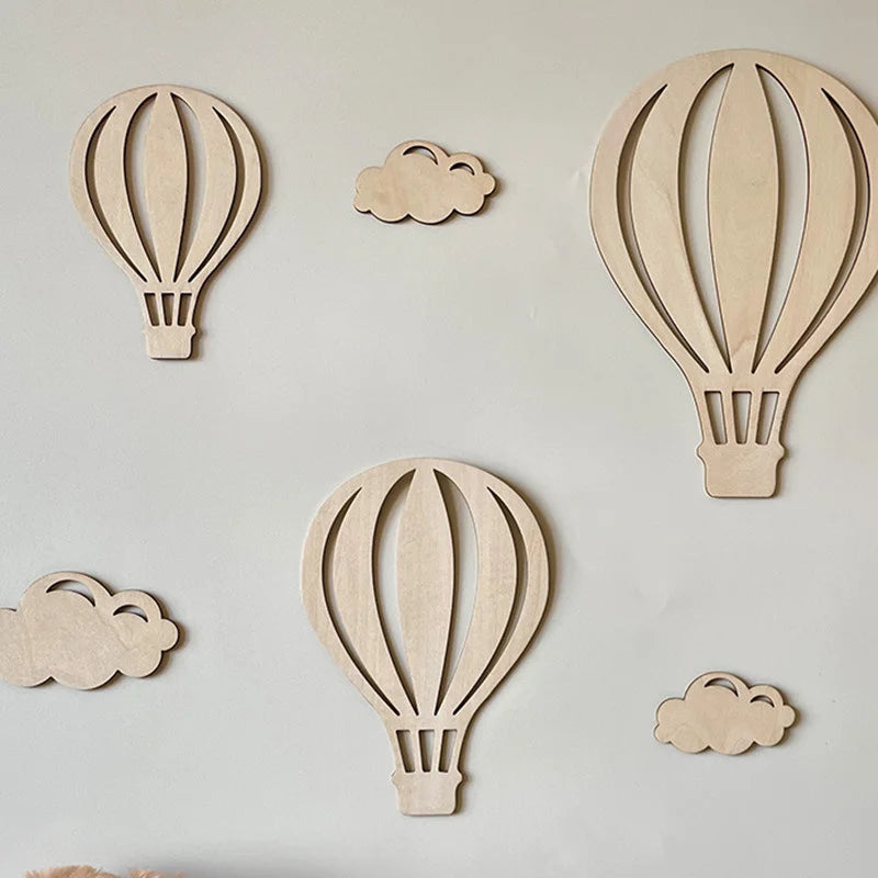 Wooden Hot Air Balloon Wall Stickers – Nordic Kids Room Cloud & Star Décor Set