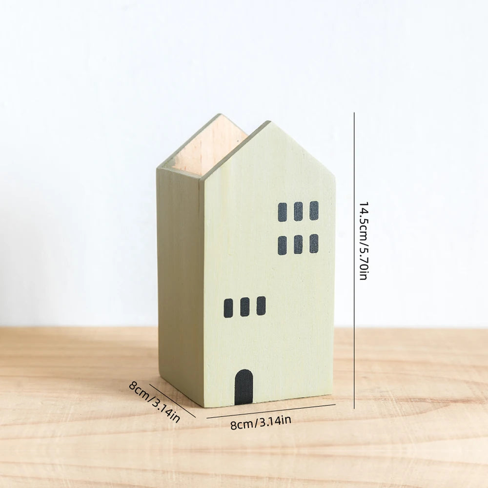 Cartoon House Pencil Holder – Wooden Desk Organizer & Room Decor
