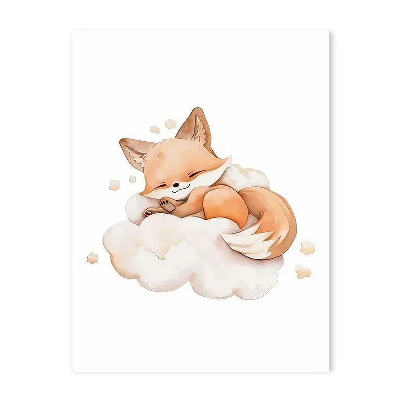 Cartoon Cloud Animal Canvas Wall Art – Cute Raccoon, Fox & Deer Nursery Poster