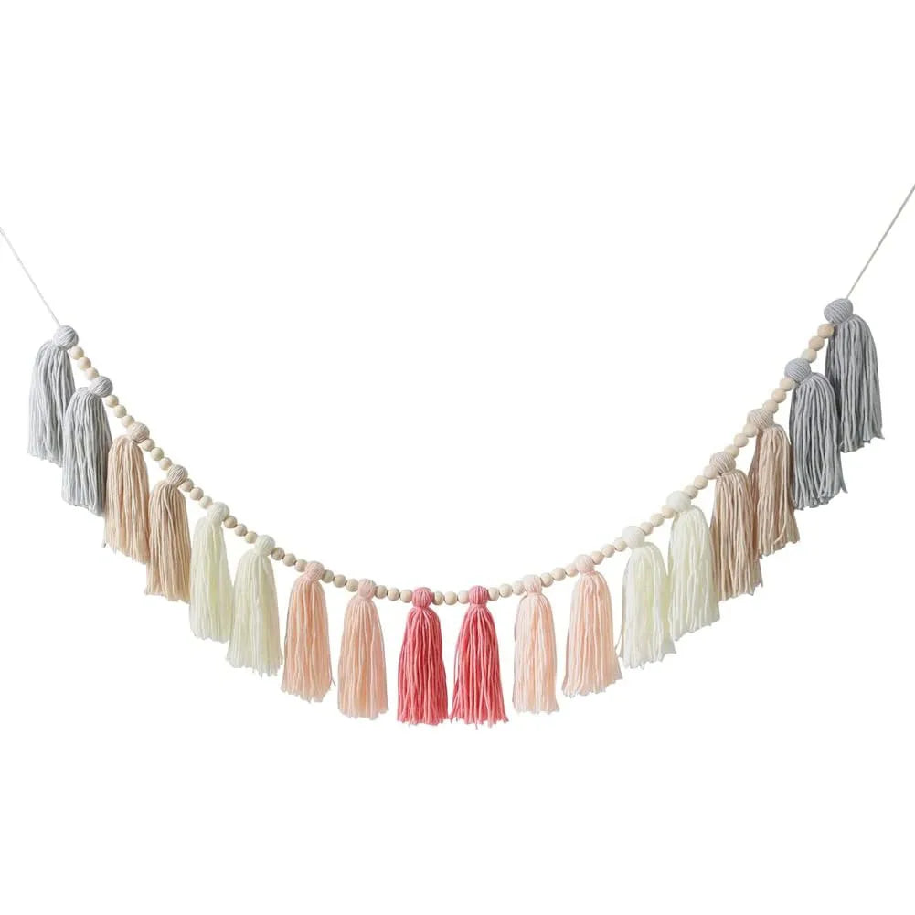 Pink Tassel Garland with Wood Beads – Boho Wall Hanging Nursery Décor