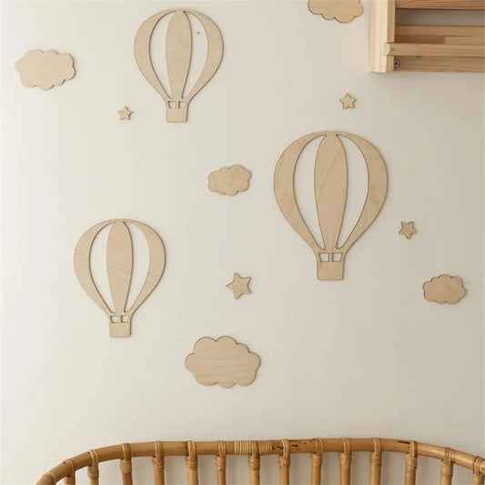 Wooden Hot Air Balloon Wall Stickers – Nordic Kids Room Cloud & Star Décor Set