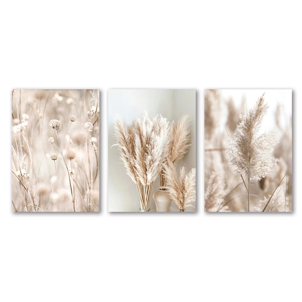 3-Piece White Seascape Canvas Wall Art – Nordic Coastal Pampas Prints