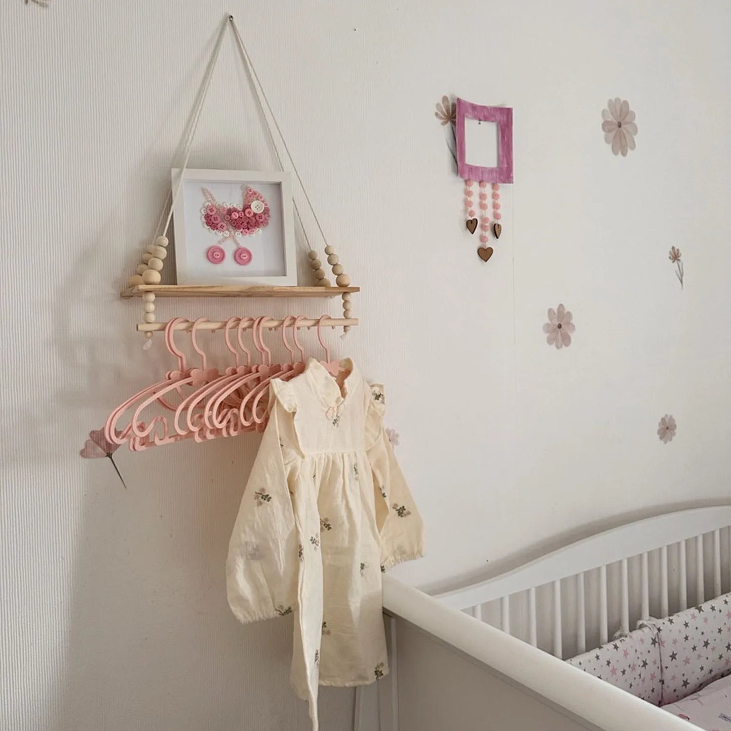 Hanging Wooden Wall Shelf with Beaded Design – Boho Rope Floating Display Shelf