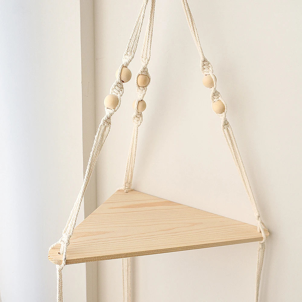 Macrame Corner Wall Shelf – Wooden Floating Shelf for Plants & Decor