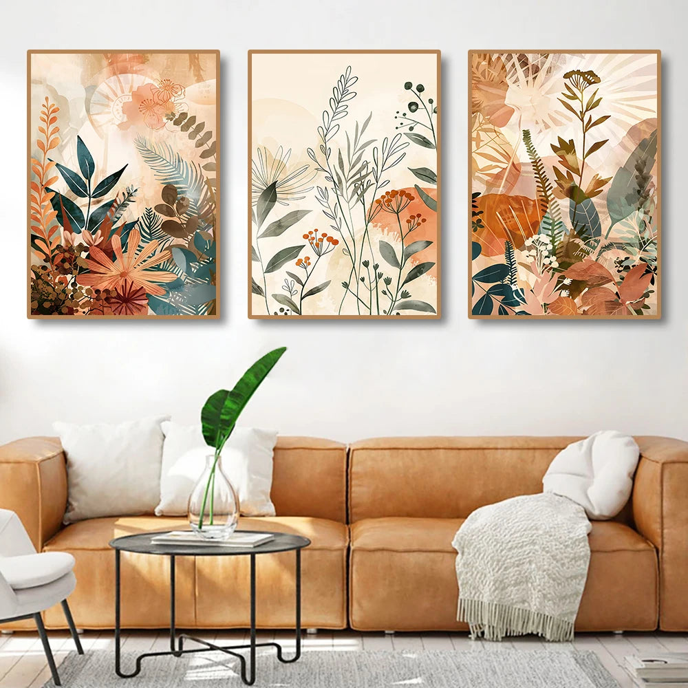 3-Piece Floral Abstract Canvas Wall Art Set – Modern Botanical Prints