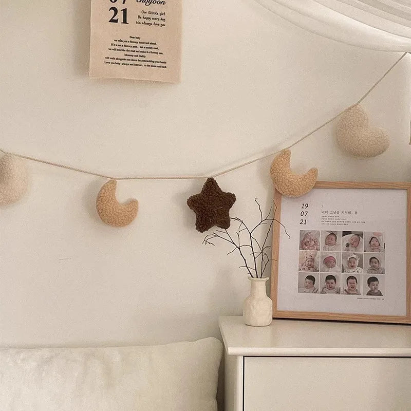 Handmade Plush Moon & Star Garland – Fluffy Nursery Wall Hanging Décor