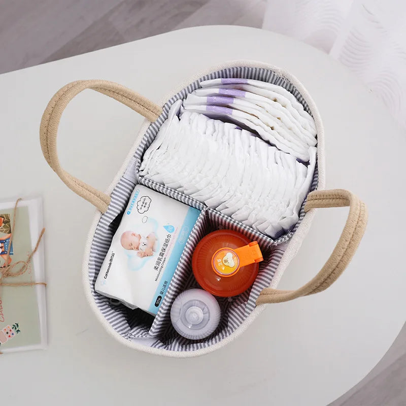 Multifunctional Baby Storage Basket – Cotton Rope Organizer for Diapers & Bottles