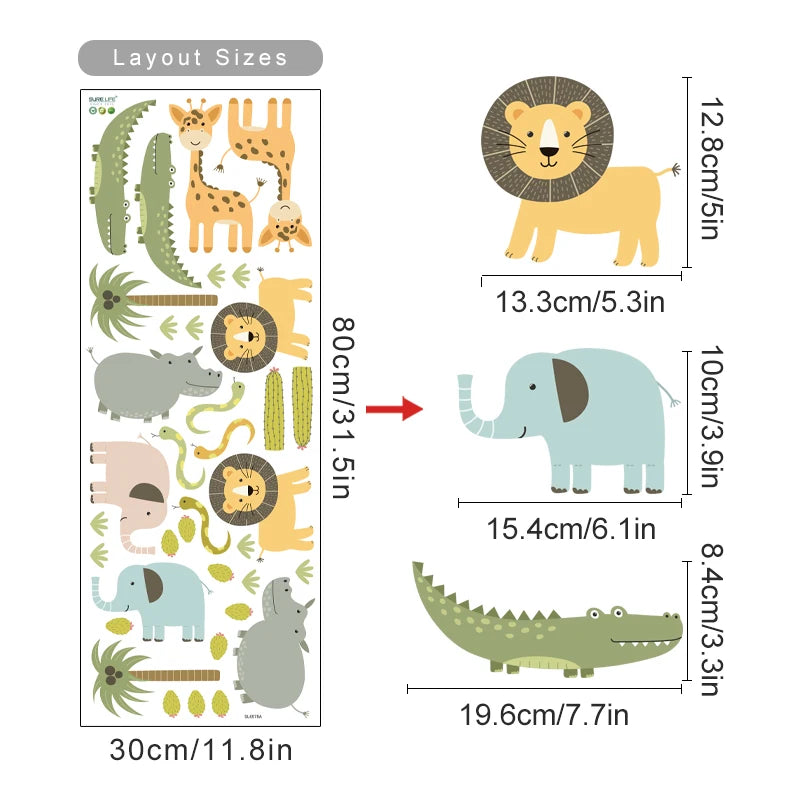 Watercolor Safari Animal Wall Decals for Kids Room