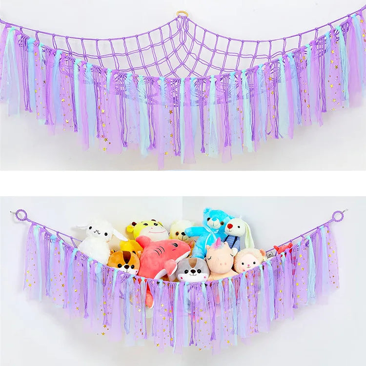 Boho Stuffed Animal Net Hammock – Macrame Corner Toy Storage Organizer