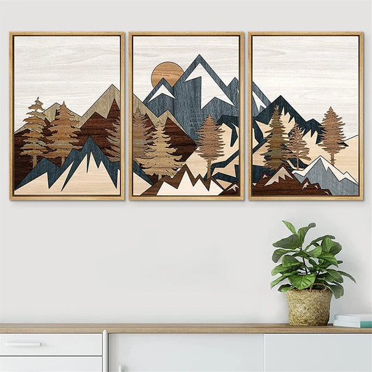 3-Piece Mountain Range Canvas Wall Art – Rustic Wood Panel Effect Prints