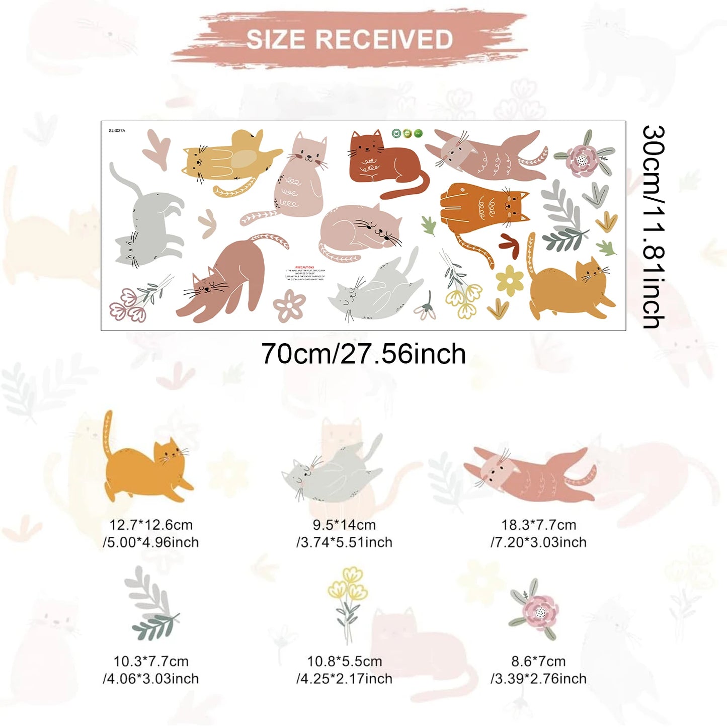 Boho Watercolor Cat & Flower Wall Decals for Kids Room