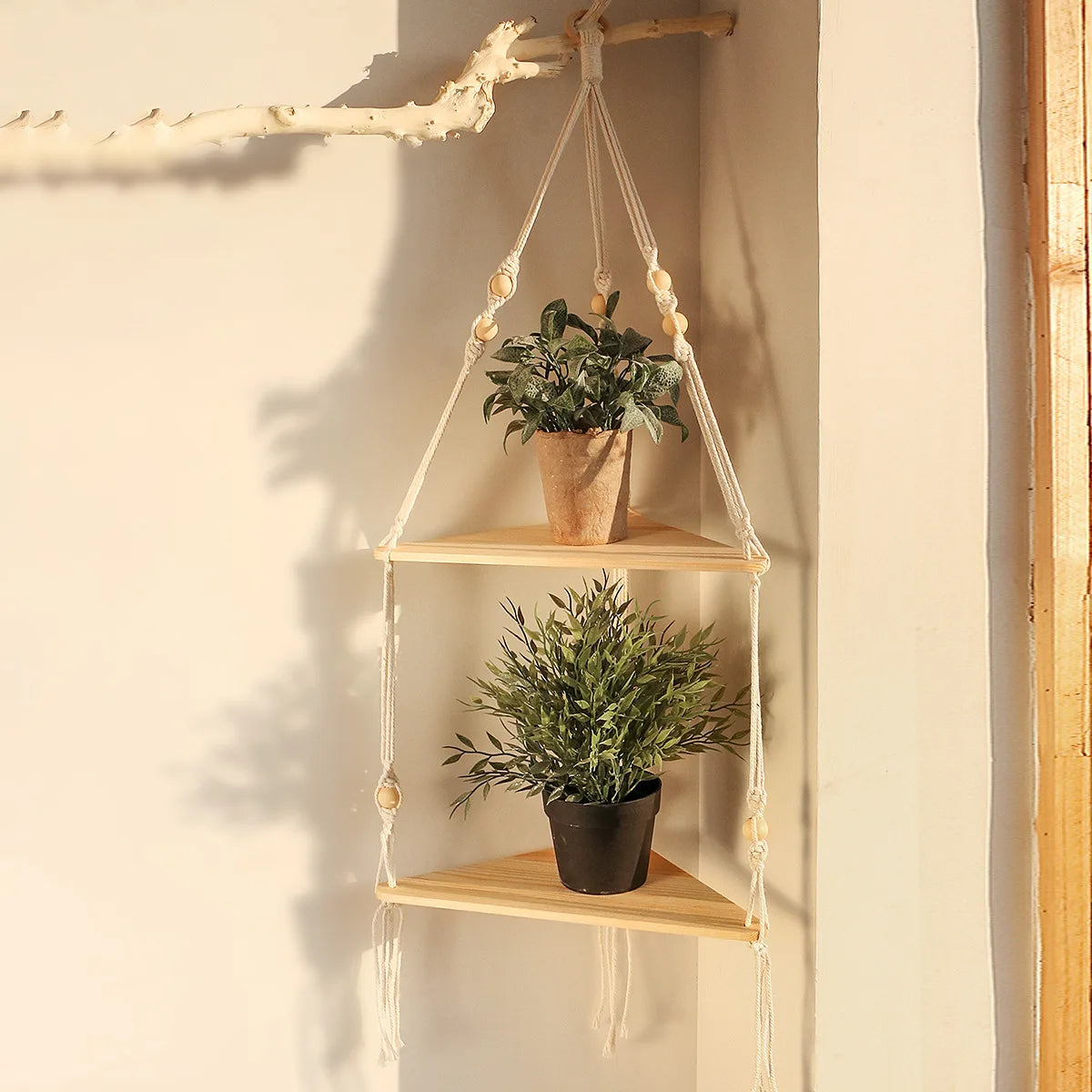 Macrame Corner Wall Shelf – Wooden Floating Shelf for Plants & Decor