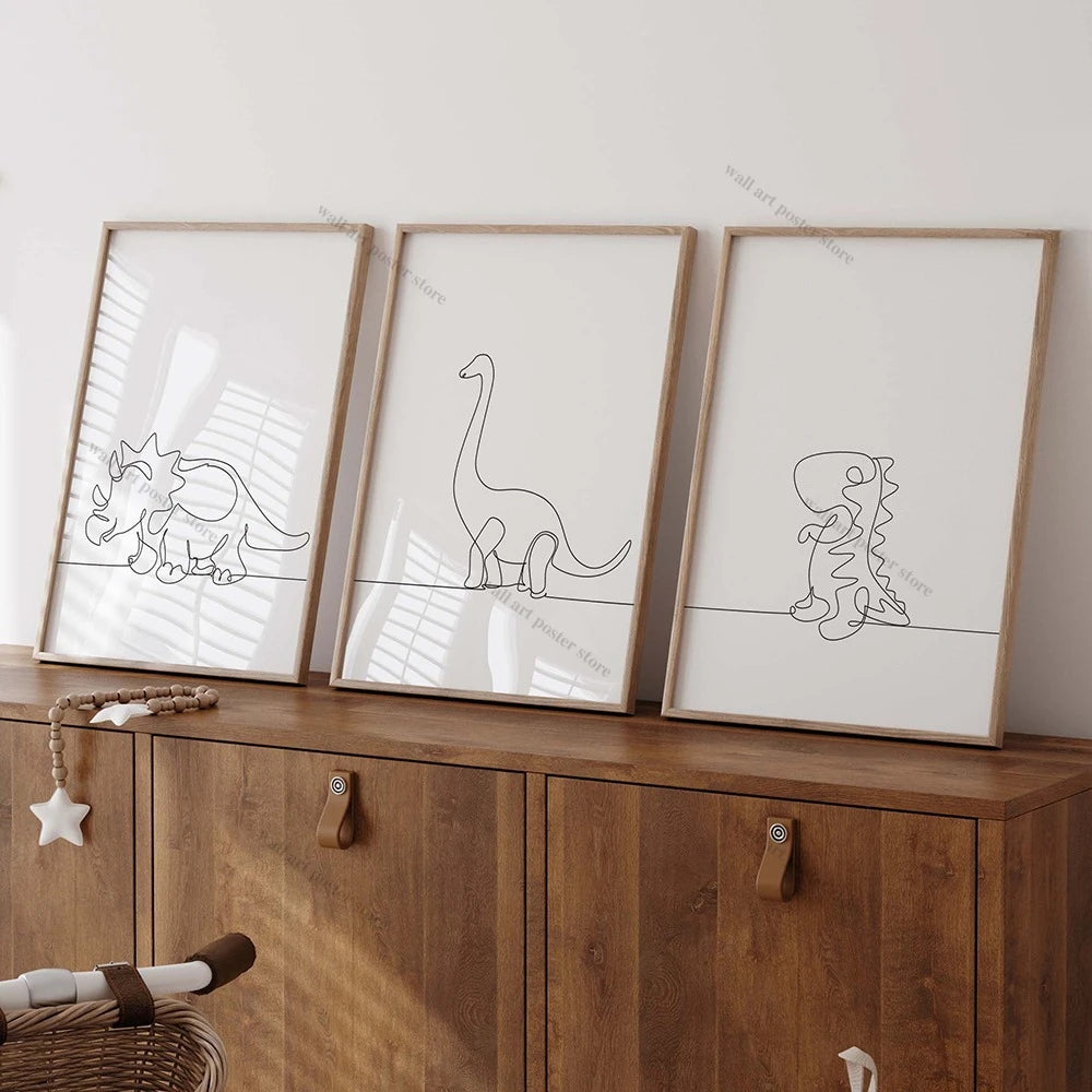 Dinosaur Line Art Prints – Minimalist Jurassic Nursery Wall Art Set