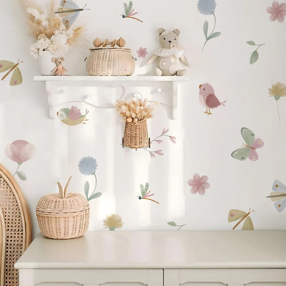 Boho Pink Butterfly & Birds Wall Decal – Kids Room Decor