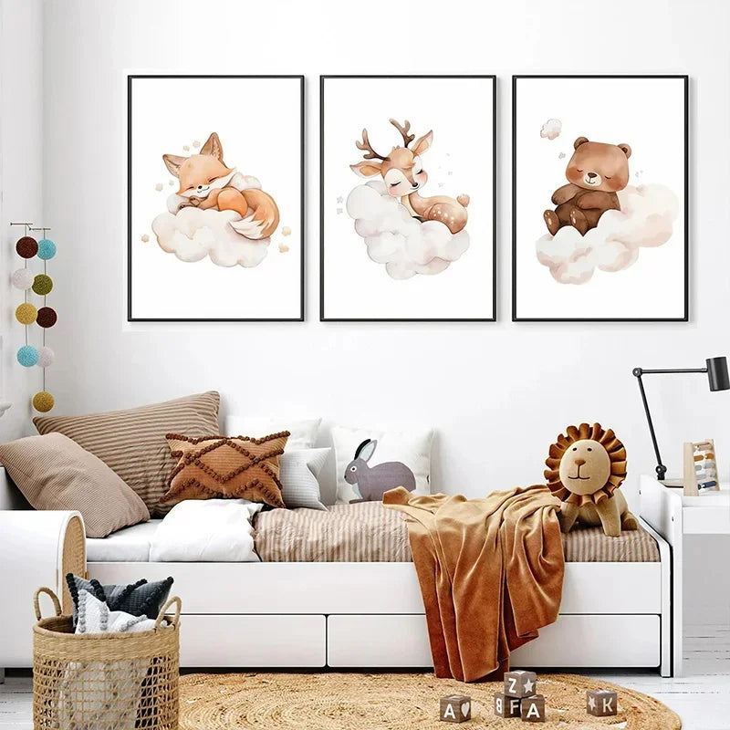 Cartoon Cloud Animal Canvas Wall Art – Cute Raccoon, Fox & Deer Nursery Poster