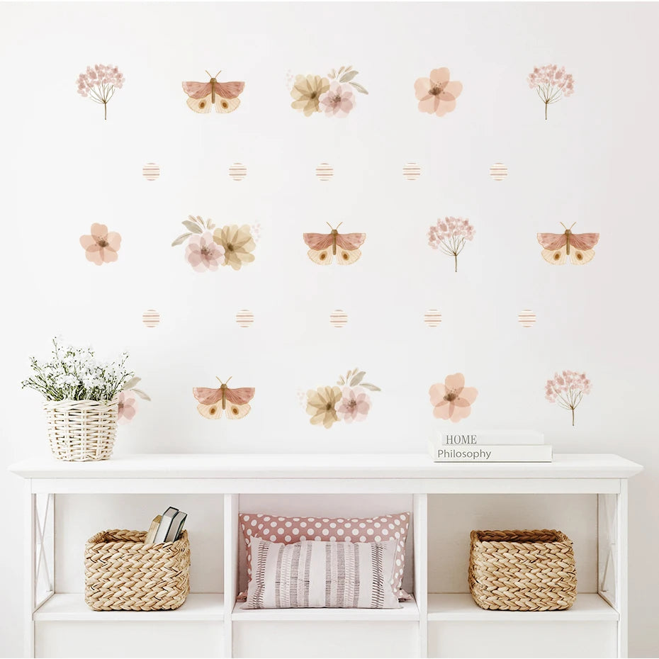 Boho Watercolor Leaves & Flowers Wall Decals for Nursery & Kids Room