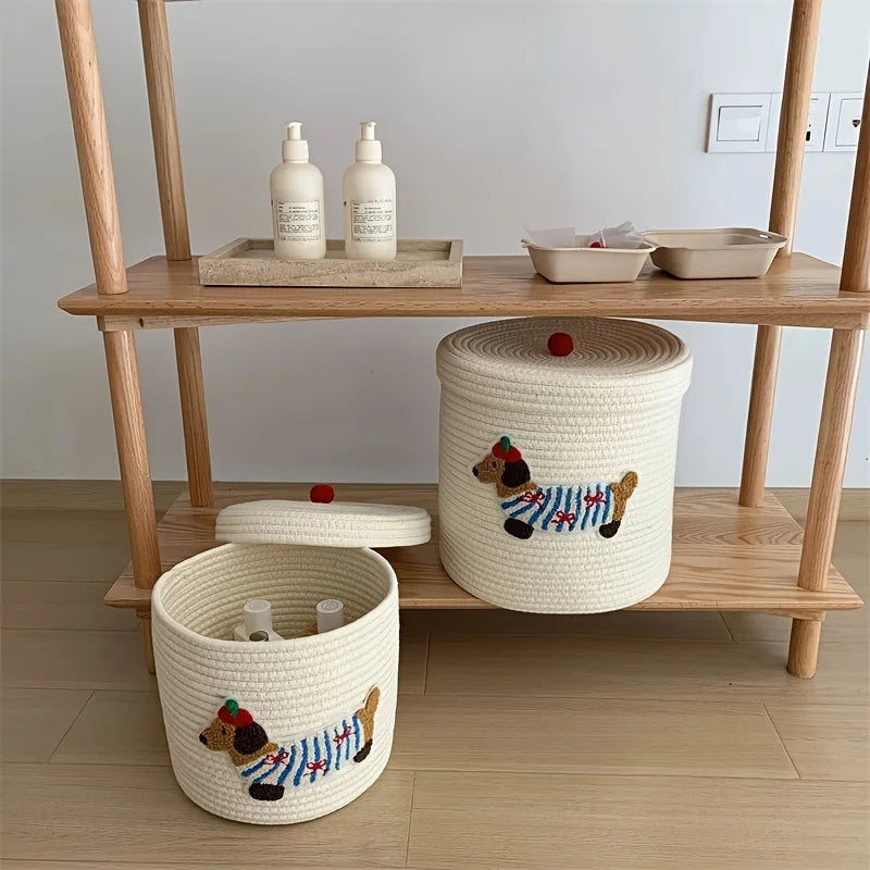 Cute Puppy Cotton Rope Storage Basket – Large Dustproof Organizer