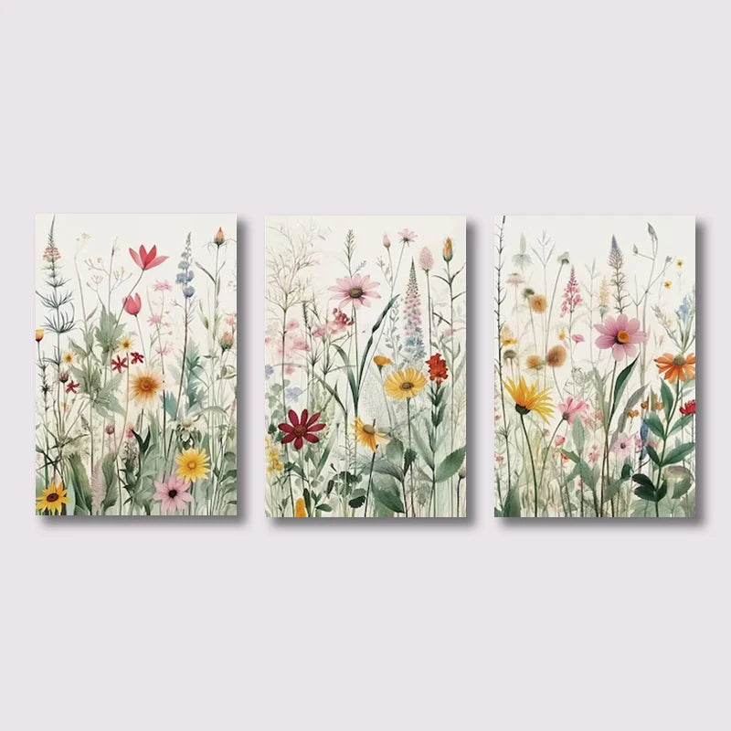3-Piece Minimalist Wildflower Canvas Wall Art – Botanical Print Set