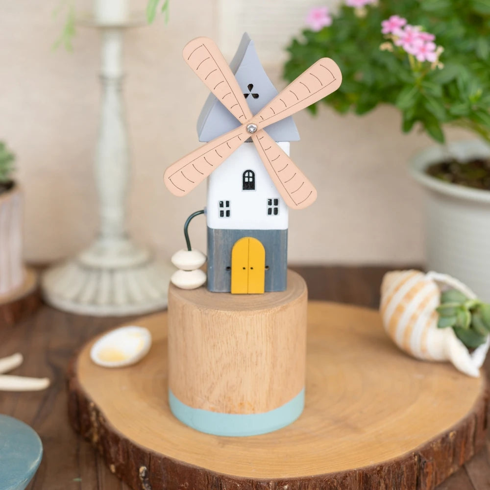 Wooden Windmill Figurine Decor – Rotating Rustic Desktop Ornament Gift