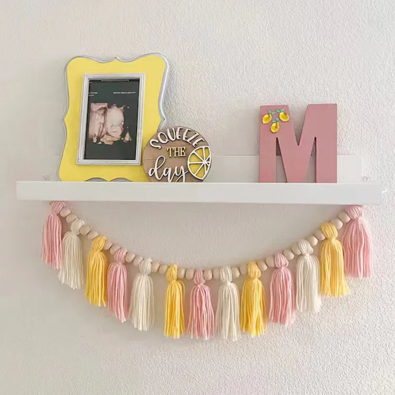 Pink Tassel Garland with Wood Beads – Boho Wall Hanging Nursery Décor