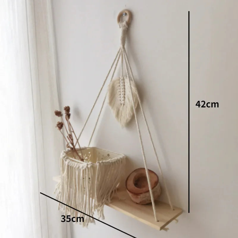 Macrame Wooden Wall Shelf – Decorative Floating Shelf & Plant Holder