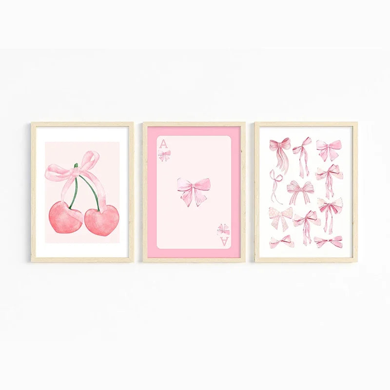 Trendy Pink Bow Wall Art Set of 3 – Preppy Watercolor Room Décor