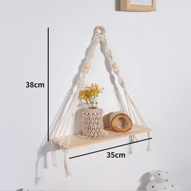 Macrame Wooden Wall Shelf – Decorative Floating Shelf & Plant Holder