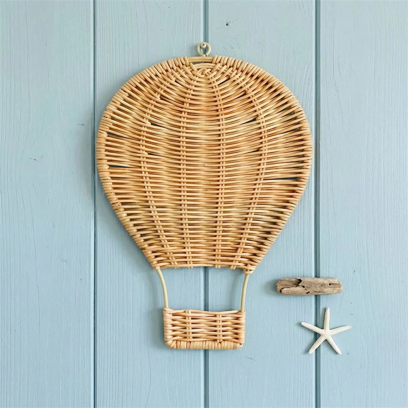 Handwoven Rattan Hot Air Balloon Wall Décor – Boho Nursery Hanging Ornament