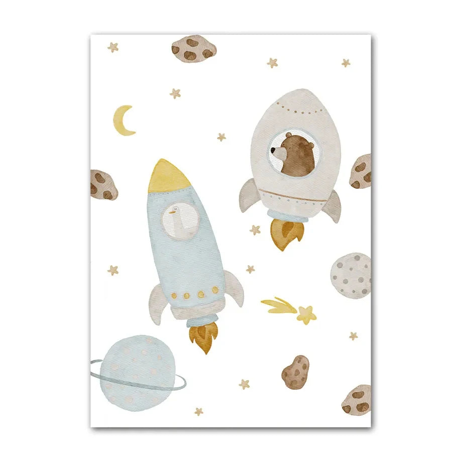 Boho Cartoon Animal Canvas Wall Art – Bear, Panda & Mouse Nursery Prints